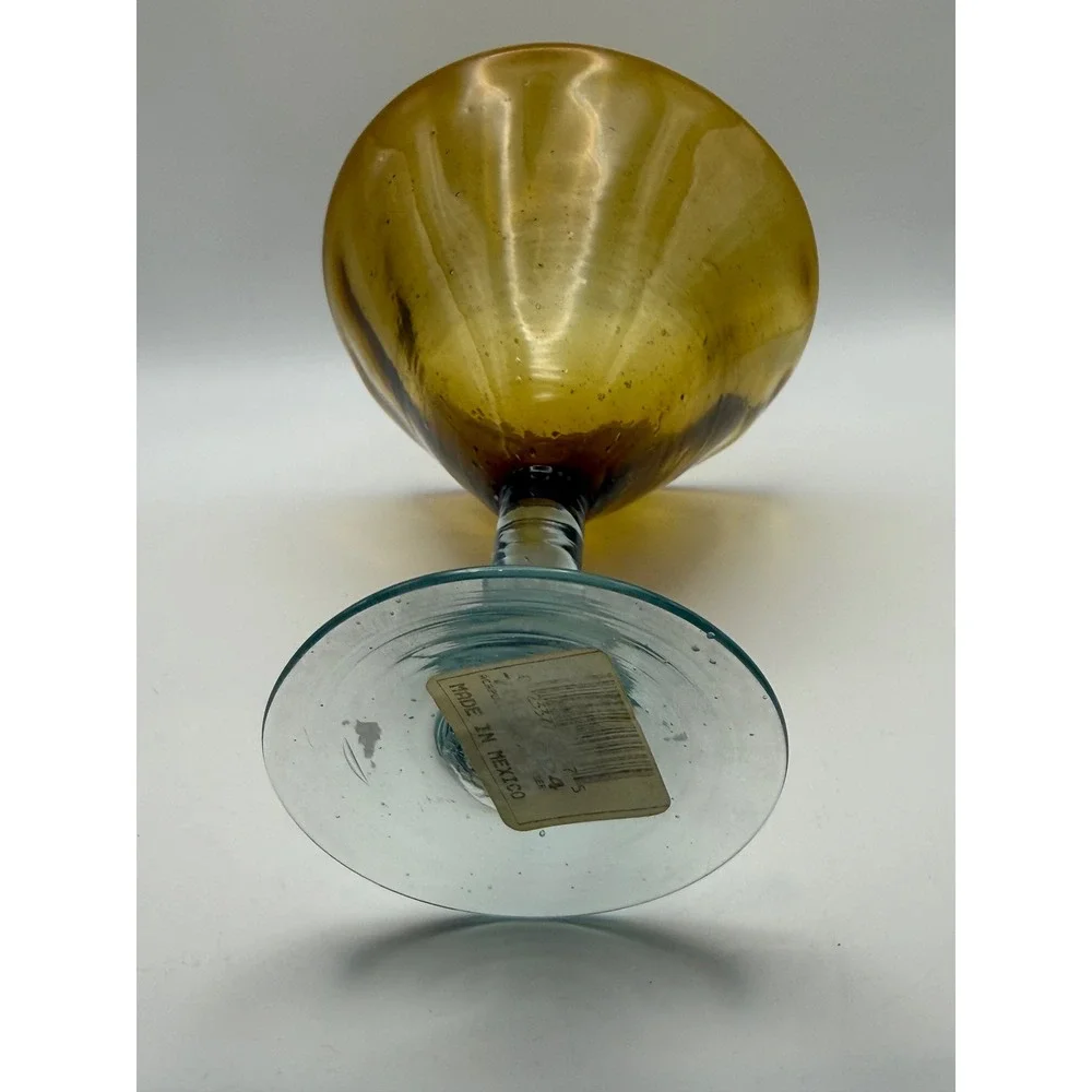 Hand Blown Amber Mexican Glass Martini Glasses Clear Stem‎ Seeded Glass Set of 4